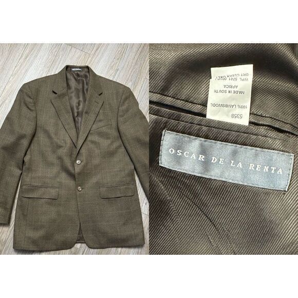 Oscar de‎ la Renta Coat Mens 41R Lamb Wool Brown Herringbone Two Button Blazer - Picture 1 of 10